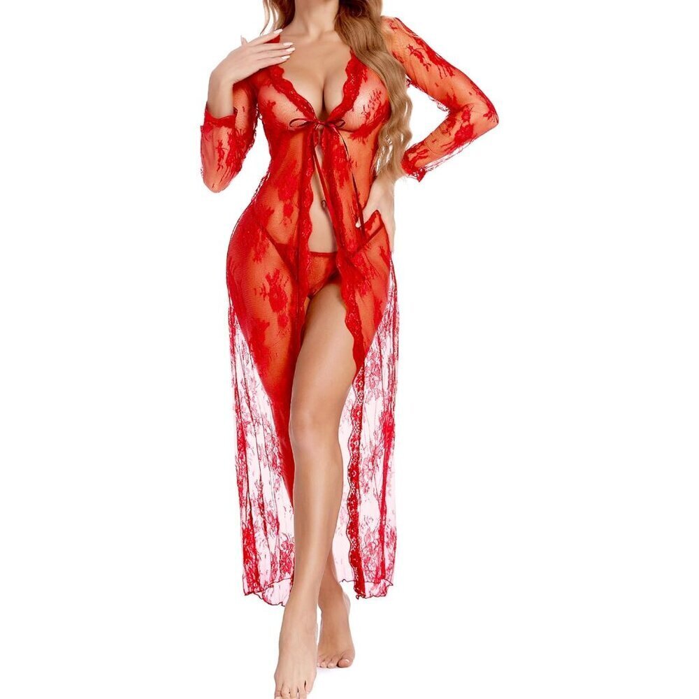 Lace Robe Women Sheer Long Sleeve Nightgown Bridal Babydoll Lingerie